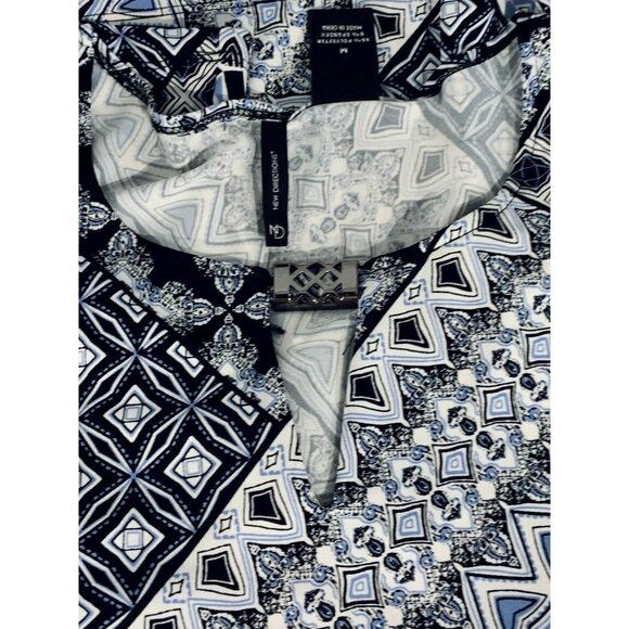 Boho Indie Retro Womens Blue Pattern Keyhole Blouse Quarter Sleeve Casual Top M - Picture 5 of 8